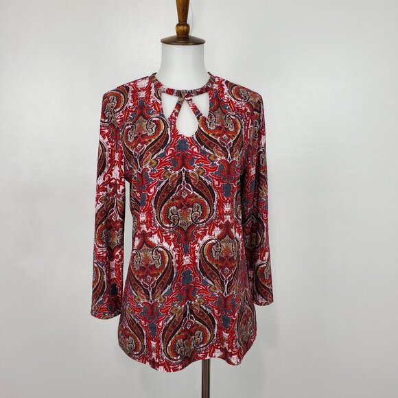 Jones Studio Red Pullover 3/4 Sleeve Paisley Top With Cutouts NEW NWT Size XS - Picture 14 of 14